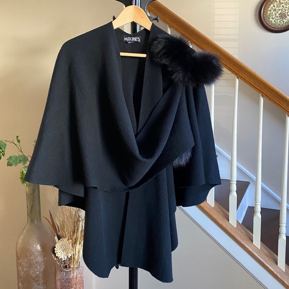 Mitchie's Fox Fur Wool Cape Wrap Poncho Black O/S - Picture 1 of 14